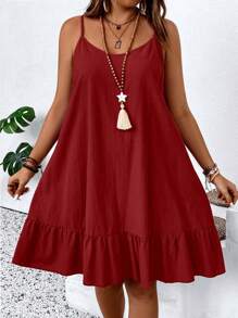 Sunserae Pure Plus Size Solid Color Casual Simple Fashion Dress, Daily Wear - Burgundy - View 3