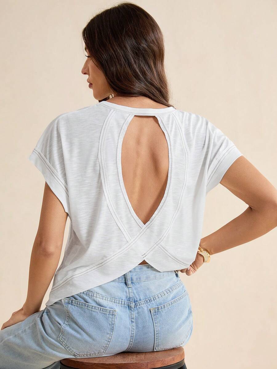 SHEIN Tall White Knitted Open Back Ladies Short-Sleeved T-Shirt - White - View 1