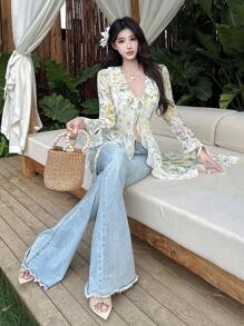 DAZY 新款秋季碎花连衣裙，适合节日/节日装扮长袖连衣裙 - 白色 - 查看 4