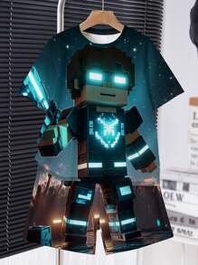 2 Pieces Young Boy Casual Minimalist Classic Cool Futuristic Cyberpunk Pixel Block Mechanic Hero Warrior Print Crew Neck Short Sleeve T-Shirt And Shorts Set, Suitable For Summer - Multicolor - View 3