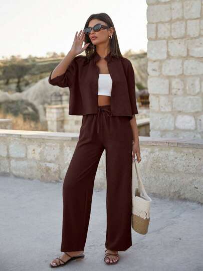 EURMUSE Women Cotton Crop Shirt & High Waist Pants Set