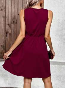 Breezaya Vacation Casual Solid Color Sleeveless Dress - Burgundy - View 2