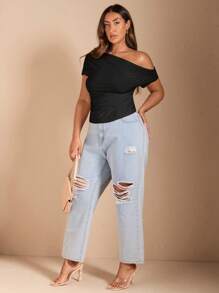 SHEIN Tall CURVE 大码女式不对称肩短袖纯色T恤 夏季，外出上衣 女士情人节 - 黑色 - 查看 4