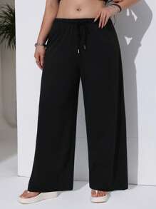 Calça de moletom plus size com amarração frontal e cor sólida simples e casual