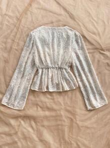 Soleia 女式 V 领喇叭袖荷叶边下摆玫瑰图案衬衫，适合度假、音乐节、波西米亚风、节日、下午茶