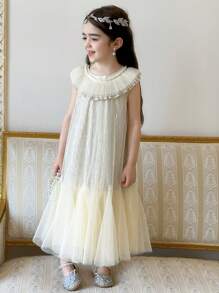 DAZY Đầm dự tiệc sinh nhật dài vừa phải cổ tròn lưới lấp lánh viền bèo nhún cho bé gái, trang phục mùa hè cho bé gái - trắng - Xem 5