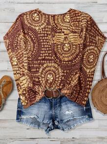 Linhara Women's Plus Size Floral V-Neck Drop Shoulder Ruffle Trim Button Front Vacation Shirt - Coffee Brown - View 2