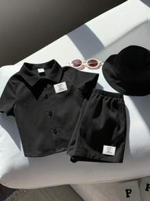 SHEIN 3 pièces/Set Top de cardigan à col brodé à manches courtes pour bébé garçon, shorts à taille élastique et chapeau