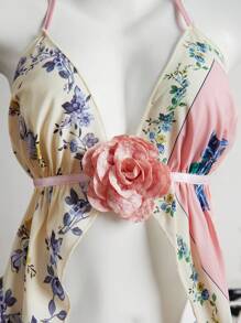 Elamini Women's Summer Lace-Up V-Neck Backless Floral Pattern Decorated Vacation Camisole