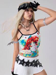ROMWE Anime Women's Cute Retro Anime Character & Star Printed Cropped Tank Top