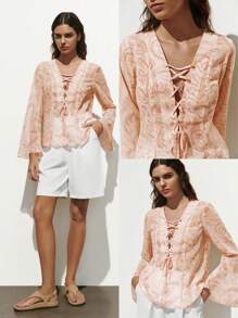 Lumivelle Women's Fashion Lace-Up Flare Sleeve Chiffon Printed Blouse