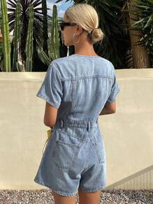 Livesso 女士夏季宽松休闲牛仔连体裤 - 藍色 - 查看 5