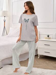 Conjunto de pijama de 2 piezas para mujer con camisa de manga corta con estampado de mariposa y pantalón a cuadros
