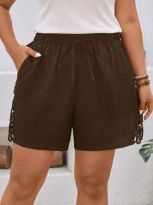 SHEIN LUNE Plus Size Women Lace Patchwork Drawstring Shorts - Brown - View 4