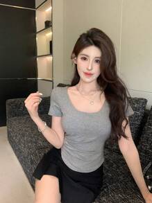 DAZY 女士休闲纯色修身圆领T恤，夏季 - 灰色 - 查看 3