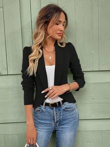 SHEIN LUNE Greyish Green Knit Cropped Shawl Neck Jacket Suit Blazer Office Outfits For Women Women Blazer Cropped Blazer Summer Blazer Women Blazers Business Casual Top In Fall/Winter,Casual - Black - View 3