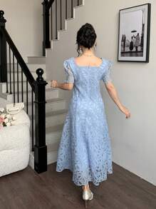 Modelyn 女式法式蕾丝优雅束腰连衣裙 - 藍色 - 查看 2