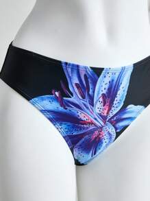 SHEIN TEENGIRL 3Pcs/Set Black Bikini With Blue Floral Print, Beach & Resort Vacation Swimwear Set Two Pieces Set Women - Blue - View 3