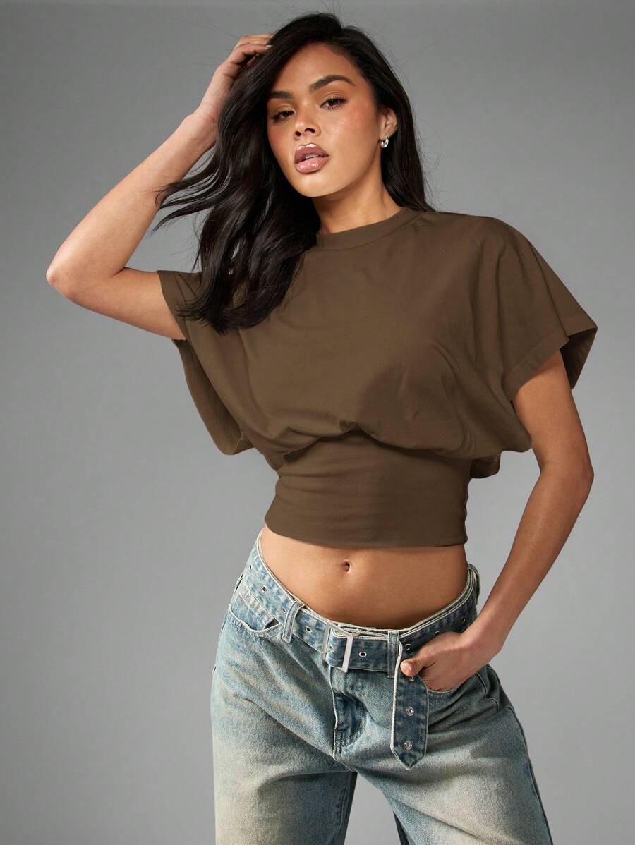 MISSGUIDED 褶皱腰短款上衣宽袖紧身胸衣后背短袖夏季节日秋季套装现代设计 T 恤