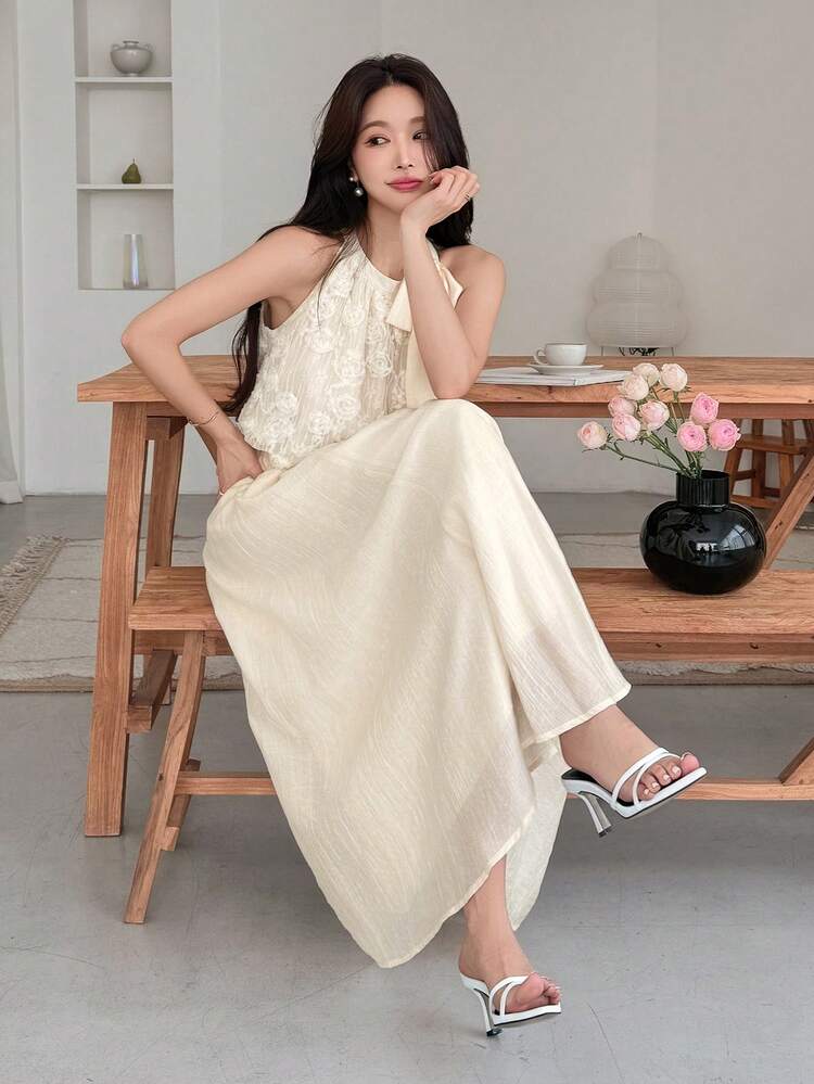 2pcs Women's Elegant Summer Floral Pattern Sleeveless Tied Top And Long Skirt Set, Lady Banquet Style