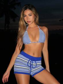 SHEIN Swim Women Contrast Color Stripe Knitted Beach Shorts For Summer Beach Vacation - Blue - View 4