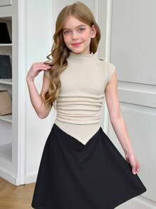 SHEIN Tween Girl Casual Textured Knit Fitted Mandarin Collar Short Sleeve T-Shirt With Gathered, Asymmetric Hem, Suitable For Spring/Summer, Back To School - White - View 7