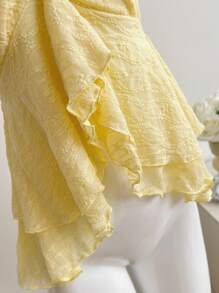 Sweetra Áo hai dây ren xoắn thắt nút mùa xuân/hè dành cho nữ, áo viền bèo nhún nhiều lớp - Màu vàng - Xem 5