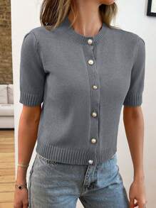 EURMUSE Gold Button Short Sleeve Elegant Cardigan - Light Grey - View 6