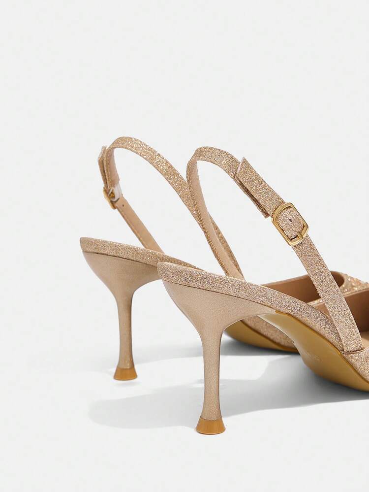 CUCCOO TILAWA Women's Pointed Toe Rhinestone Embellished Stilettos Champagne Backless High Heel Shoes For Party And Events For Christmas