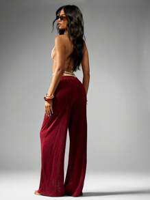 MISSGUIDED Wide Leg Velvet Pants Beach Resort Lounge Wear Festival Bohemian Casual Summer Fall Bottoms Pants Music Venue Cruise Vacation Christmas - Burgundy - View 2