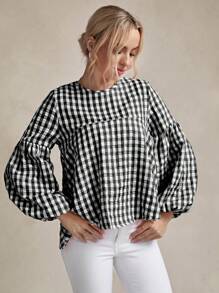 SHEIN LUNE 格子印花灯笼袖荷叶边衬衫，长袖上衣 - 黑與白 - 查看 1