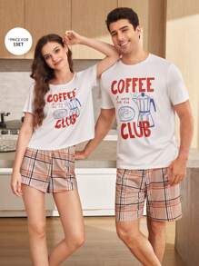 CoupledUp Casual Plaid & Coffee Letter Print Matching Pajama Set For Couples - White - View 3