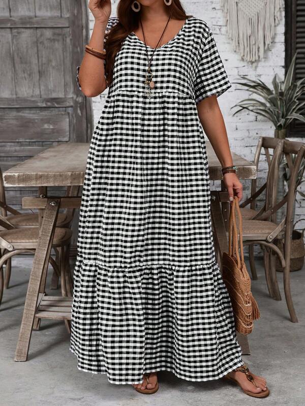 EMERY ROSE Vestido de verano casual de mujer talla grande con cuello en V, manga corta, volantes en el bajo, estilo sencillo y de moda, adecuado para el verano, estilo casual de vacaciones, outfits de verano para mujeres, outfits para el día de la madre, outfits para conciertos en el campo, outfits bohemios de mujer, outfits occidentales de mujer, outfits de vacaciones de mujer, ropa de verano para mujeres de talla grande, ropa de verano para mujer, ropa de oficina informal para mujer