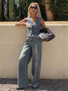 DAZY Conjunto de verano de camiseta de tirantes de mezclilla lavada y pantalones de pierna ancha para mujer, ropa de ocio, ropa de vuelta al colegio
