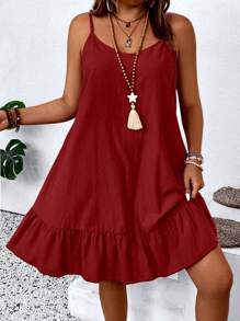 Sunserae Pure Plus Size Solid Color Casual Simple Fashion Dress, Daily Wear - Burgundy - View 4
