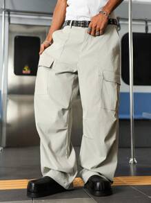 Manfinity Hypemode Men's Solid Color Cargo Pocket Pleated Wide Leg Loose Pants - Apricot - View 8