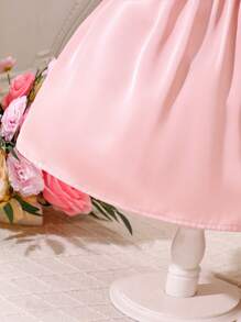SHEIN Glamorique Kids Young Girl Lace Patchwork Round Neck Puff Sleeve Short Sleeve Party Dress, Spring/Summer - Pink - View 6