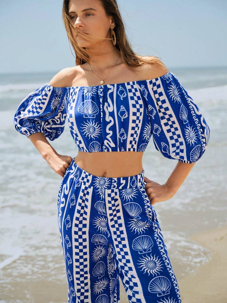 SHEIN Maija Women Geometric Print Strapless Lantern Sleeve Crop Top And Elastic Waist Loose Straight Leg Pants 2 Pieces Set, Casual, Comfortable, Suitable For Summer, Beach, Hawaii Resort