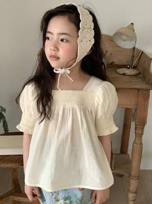 DAZY 年轻女孩方领自然风格休闲荷叶边下摆短袖衬衫，女孩夏季服装 - 杏色 - 查看 5