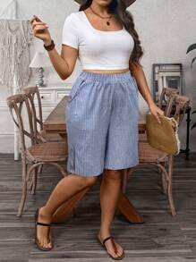 EMERY ROSE Plus Size Women French Style Vacation Blue And White Striped Casual Five-Minute Shorts, Beach Resort Wear For Summer Women Summer Clothing Woman S Summer Clothes Women Short Dresses Summer Work Summer Dresses Women Summer Sets