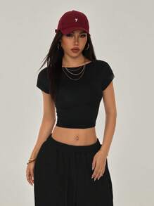 SHEIN PETITE Tricou negru cu spate deschis, potrivit pentru ținute mici, de vară