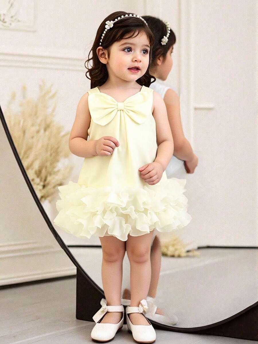 Baby/Baby Girl Spring/Summer Elegant Bowknot Decor Mesh Ruffle Hem Sleeveless Dress - Apricot - View 1