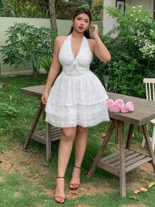 Dazy Plus Plus Size Lace Patchwork Bow Decor Halter Neck Bodycon Short Dress Homecoming Dresses Vacation Cruise Outfit For Women Off The Shoulder Boho - White - View 6