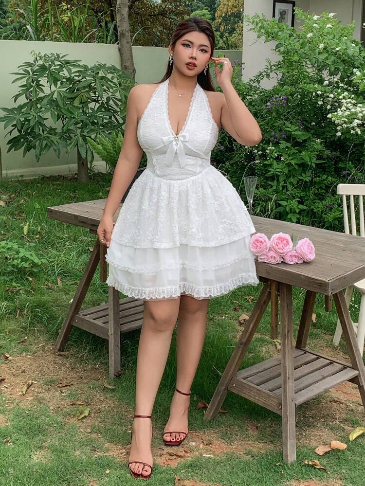 Dazy Plus Plus Size Lace Patchwork Bow Decor Halter Neck Bodycon Short Dress Homecoming Dresses Vacation Cruise Outfit For Women Off The Shoulder Boho