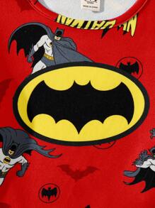 BATMAN X SHEIN 85th Young Boy Cartoon Print Knitted Crew Neck Long Sleeve Top And Long Pants High Elasticity Tight Fit Pajama Set