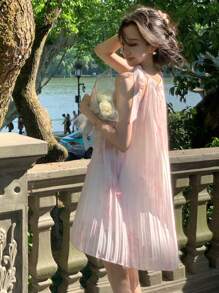 DAZY 女士夏季扎染花卉装饰吊带抽绳短款休闲迷你连衣裙，适合返校、度假、邮轮旅行等各种场合。 - 粉色 - 查看 4