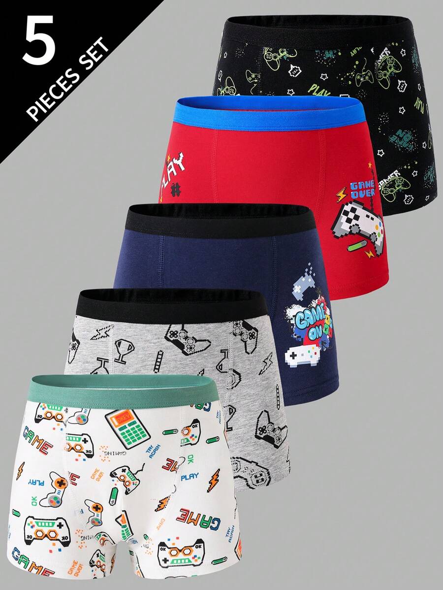 5pcs Teens & Young Men's Minimalist Gaming Console Printed Soft Cotton Breathable Briefs,Summer,Travel