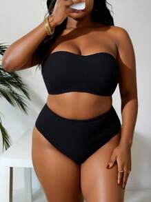 Slaydiva Summer Beach Plus Size Solid Bandeau Bikini Set - Black - View 5