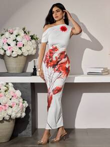 Modelyn 女士肩部镂空花卉印花修身中长连衣裙，优雅迷人，春夏 - 彩色 - 查看 7