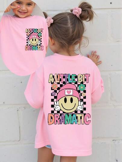 SHEIN Young Girl' Casual Cute Checkered, Face And Letter Print Round Neck Short Sleeve T-Shirt, Summer